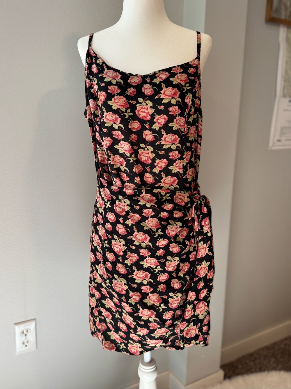 Vintage 90s Betsey Johnson black pink floral tank mini dress wrap skirt size 12